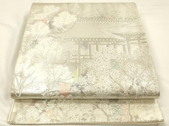 平和屋着物◎六通柄袋帯　風景文　古京錦　二重引箔　銀糸　正絹　逸品　DABH5960ya