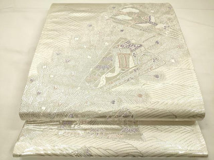 平和屋着物◎西陣あさぎ謹製　六通柄袋帯　孔雀羽扇面文　オロール箔　銀糸　証紙付き　正絹　逸品　DABH5961ya