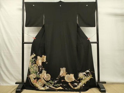 平和屋着物■豪華黒留袖　駒刺繍　雪輪御所車飛鶴花松文　金彩　ロング丈　正絹　逸品　DABH5968ya