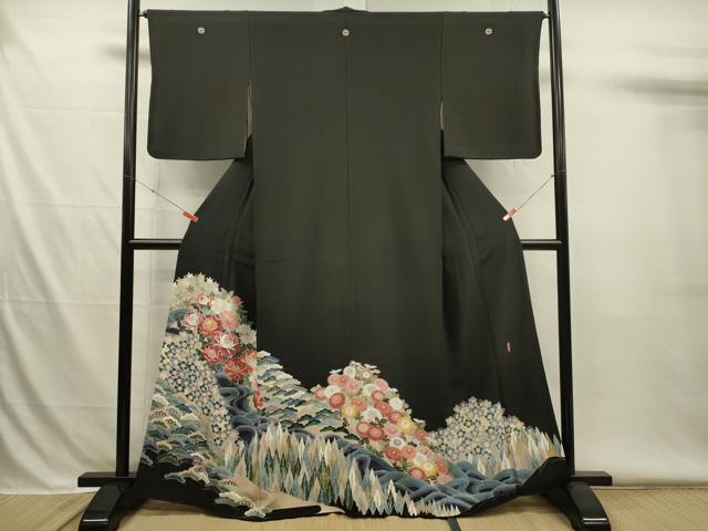 平和屋着物■豪華黒留袖　友禅　作家物　風景花文　牡丹　正絹　逸品　DABH5969ya
