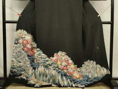 平和屋着物■豪華黒留袖　友禅　作家物　風景花文　牡丹　正絹　逸品　DABH5969ya