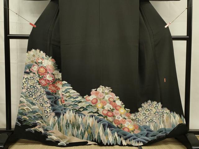 平和屋着物■豪華黒留袖　友禅　作家物　風景花文　牡丹　正絹　逸品　DABH5969ya