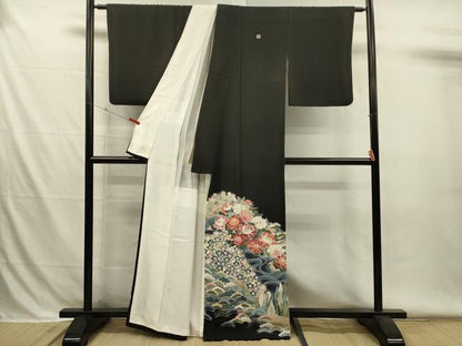 平和屋着物■豪華黒留袖　友禅　作家物　風景花文　牡丹　正絹　逸品　DABH5969ya