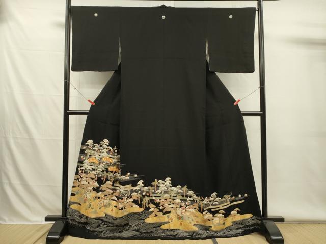 平和屋着物■豪華黒留袖　駒刺繍　御所車人物花松文　金彩　正絹　逸品　DABH5972ya