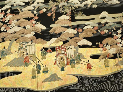 平和屋着物■豪華黒留袖　駒刺繍　御所車人物花松文　金彩　正絹　逸品　DABH5972ya