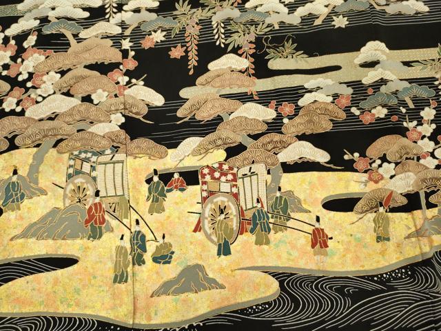 平和屋着物■豪華黒留袖　駒刺繍　御所車人物花松文　金彩　正絹　逸品　DABH5972ya