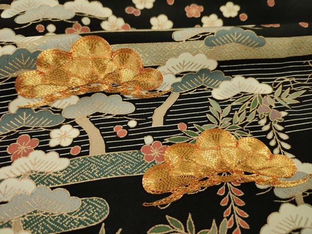 平和屋着物■豪華黒留袖　駒刺繍　御所車人物花松文　金彩　正絹　逸品　DABH5972ya
