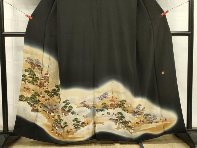 平和屋着物■豪華黒留袖　作家物　風景人物花松文　山車　暈し染め　金彩　正絹　逸品　DABH5984ya