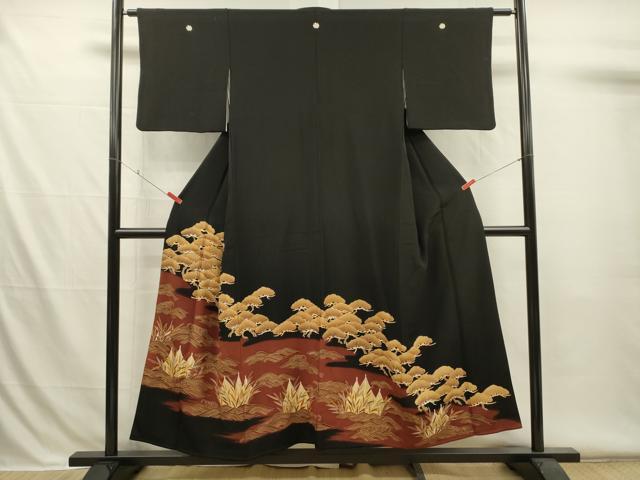 平和屋着物■豪華黒留袖　駒刺繍　流水風景松文　金彩　正絹　逸品　DABH5997ya