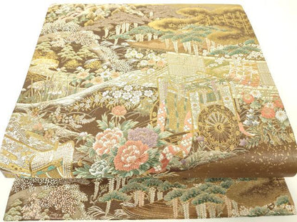 平和屋着物▼六通柄袋帯　御所車花文　金糸　正絹　逸品　DABH6024az