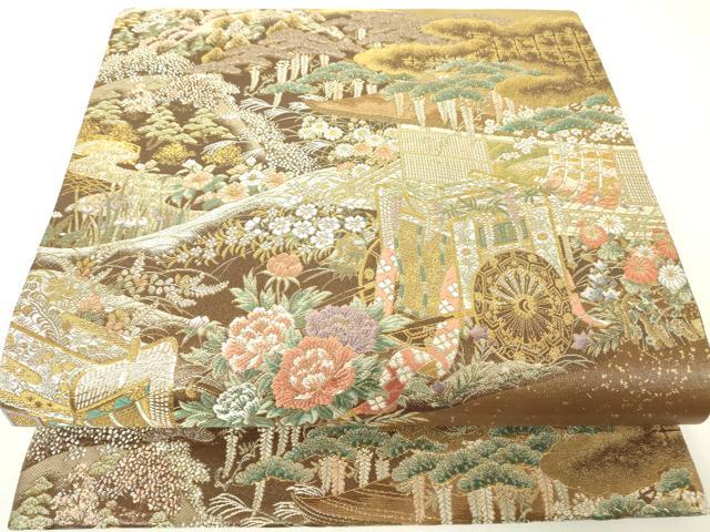 平和屋着物▼六通柄袋帯　御所車花文　金糸　正絹　逸品　DABH6024az