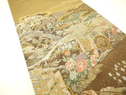 平和屋着物▼六通柄袋帯　御所車花文　金糸　正絹　逸品　DABH6024az