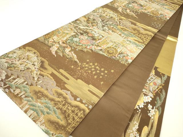 平和屋着物▼六通柄袋帯　御所車花文　金糸　正絹　逸品　DABH6024az