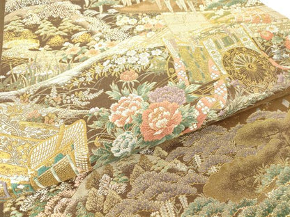 平和屋着物▼六通柄袋帯　御所車花文　金糸　正絹　逸品　DABH6024az