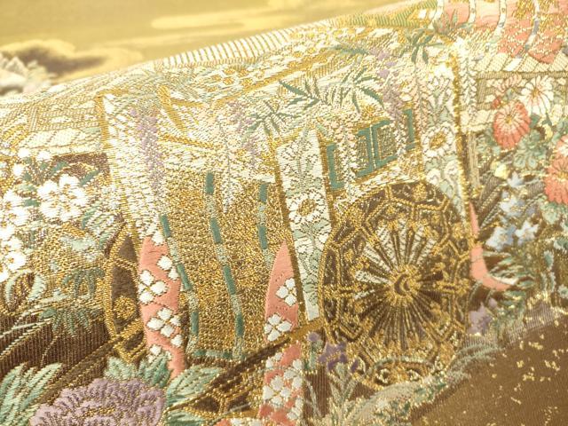 平和屋着物▼六通柄袋帯　御所車花文　金糸　正絹　逸品　DABH6024az