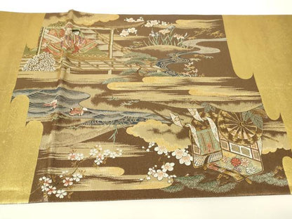 平和屋着物▼六通柄袋帯　御所車花文　金糸　正絹　逸品　DABH6024az