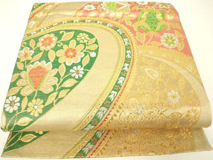 平和屋着物▼六通柄袋帯　更紗花文　金銀糸　正絹　逸品　DABH6026az