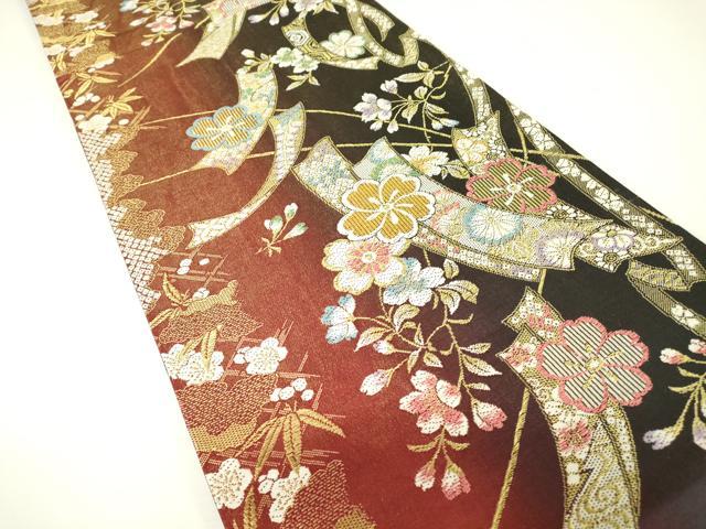 平和屋着物▼六通柄袋帯　短冊舞桜文　金糸　正絹　逸品　DABH6032az