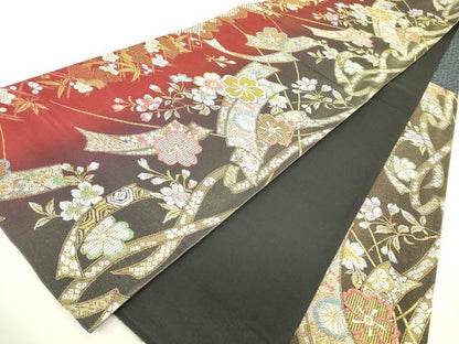 平和屋着物▼六通柄袋帯　短冊舞桜文　金糸　正絹　逸品　DABH6032az