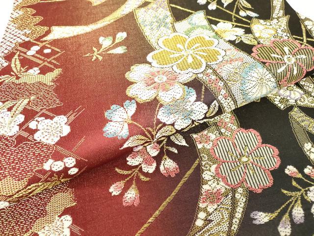 平和屋着物▼六通柄袋帯　短冊舞桜文　金糸　正絹　逸品　DABH6032az