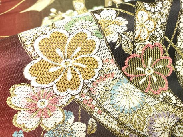 平和屋着物▼六通柄袋帯　短冊舞桜文　金糸　正絹　逸品　DABH6032az