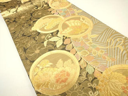 平和屋着物▼佐賀錦　両面　六通柄袋帯　花蝶丸文　金糸　正絹　逸品　DABH6037az