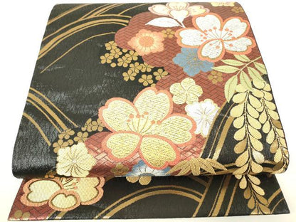 平和屋着物▼六通柄袋帯　吉祥花文　黒地　金銀糸　正絹　逸品　DABH6038az