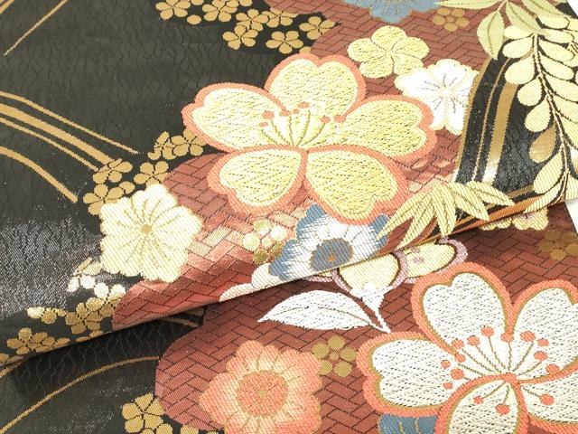 平和屋着物▼六通柄袋帯　吉祥花文　黒地　金銀糸　正絹　逸品　DABH6038az