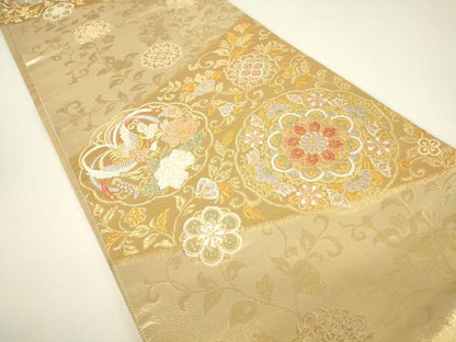 平和屋着物▼六通柄袋帯　正倉院鳳凰花文　全通箔　金糸　正絹　逸品　DABH6064az