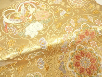 平和屋着物▼六通柄袋帯　正倉院鳳凰花文　全通箔　金糸　正絹　逸品　DABH6064az