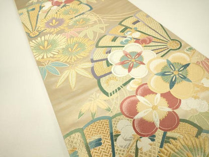 平和屋着物▼六通柄袋帯　檜扇花文　金銀糸　正絹　逸品　DABH6065az