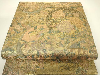 平和屋着物▼両面　六通柄袋帯　花鳥丸文　金糸　正絹　逸品　DABH6066az