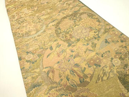 平和屋着物▼両面　六通柄袋帯　花鳥丸文　金糸　正絹　逸品　DABH6066az