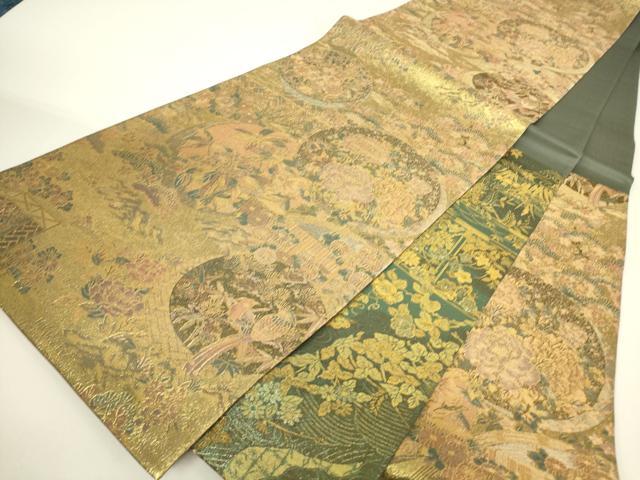 平和屋着物▼両面　六通柄袋帯　花鳥丸文　金糸　正絹　逸品　DABH6066az