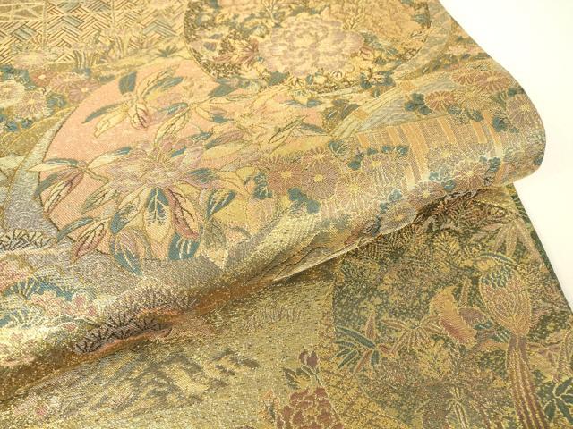 平和屋着物▼両面　六通柄袋帯　花鳥丸文　金糸　正絹　逸品　DABH6066az