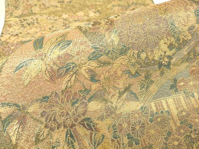平和屋着物▼両面　六通柄袋帯　花鳥丸文　金糸　正絹　逸品　DABH6066az