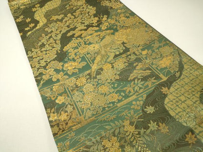 平和屋着物▼両面　六通柄袋帯　花鳥丸文　金糸　正絹　逸品　DABH6066az