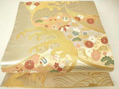平和屋着物▼六通柄袋帯　宝尽くし立波花文　金糸　正絹　逸品　DABH6070az