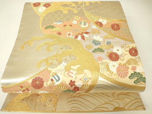 平和屋着物▼六通柄袋帯　宝尽くし立波花文　金糸　正絹　逸品　DABH6070az