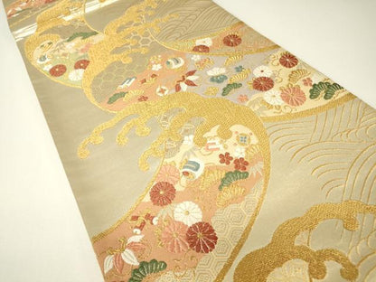 平和屋着物▼六通柄袋帯　宝尽くし立波花文　金糸　正絹　逸品　DABH6070az