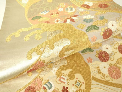 平和屋着物▼六通柄袋帯　宝尽くし立波花文　金糸　正絹　逸品　DABH6070az
