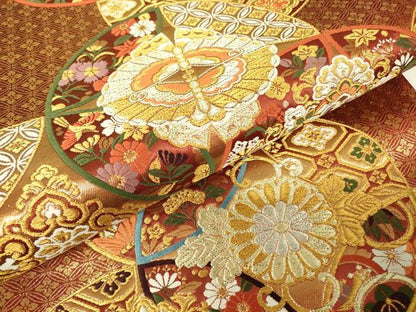 平和屋着物▼六通柄袋帯　慶匠錦　正倉院花蝶文　金糸　正絹　逸品　DABH6071az