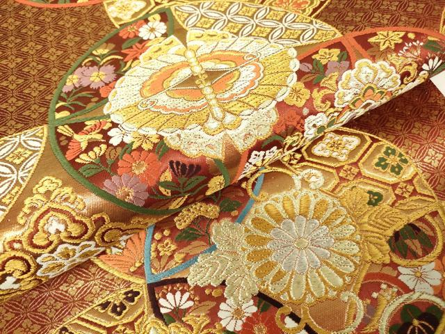 平和屋着物▼六通柄袋帯　慶匠錦　正倉院花蝶文　金糸　正絹　逸品　DABH6071az