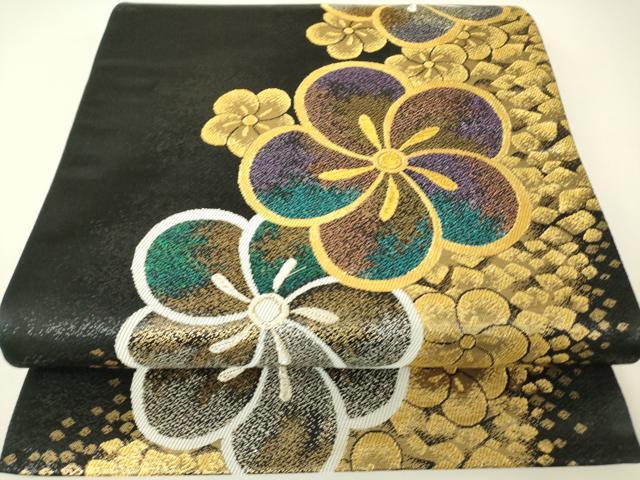 平和屋着物▼六通柄袋帯　舞花箔散らし　黒地　金銀糸　正絹　逸品　DABH6080az