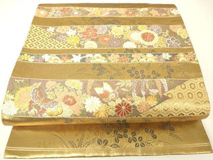平和屋着物▼六通柄袋帯　横段吉祥花文　金糸　正絹　逸品　DABH6084az