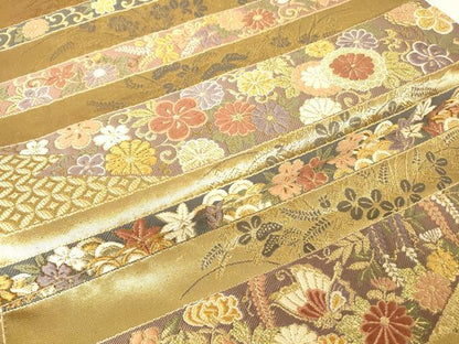 平和屋着物▼六通柄袋帯　横段吉祥花文　金糸　正絹　逸品　DABH6084az