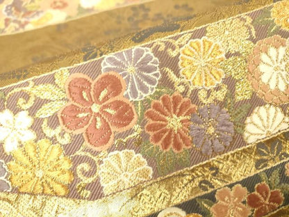 平和屋着物▼六通柄袋帯　横段吉祥花文　金糸　正絹　逸品　DABH6084az