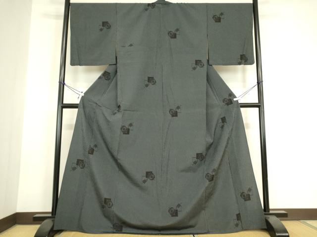 平和屋着物▽本塩沢　単衣　糸車文　正絹　逸品　DABH6096az