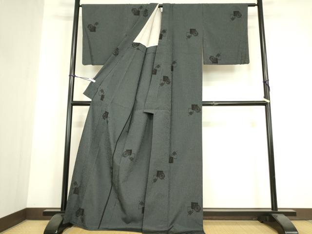 平和屋着物▽本塩沢　単衣　糸車文　正絹　逸品　DABH6096az