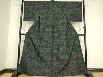 平和屋着物▽上質な紬　単衣　流水花文　正絹　逸品　DABH6097az